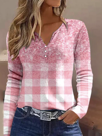 Casual Plaid Notched Long Sleeve T-shirt