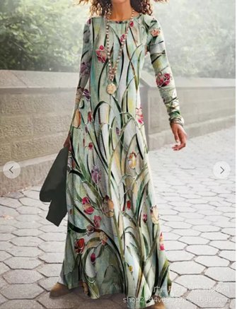 Women Floral One Shoulder Long Sleeve Comfy Boho Maxi Dress