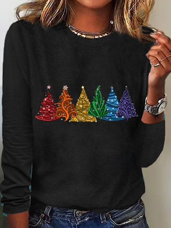 Christmas Tree Crew Neck Long Sleeve Regular Micro-Elasticity Regular Fit Shirt For Women