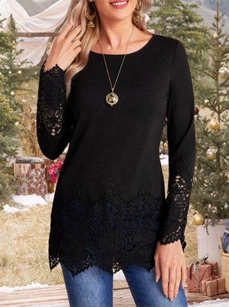 Crew Neck Long Sleeve Lace Split Joint Regular Micro-Elasticity Loose TUNIC Shirt For Women