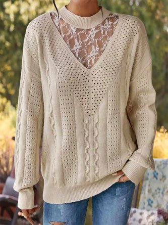 Women Yarn/Wool Yarn Plain Long Sleeve Comfy Boho Jacquard Sweater