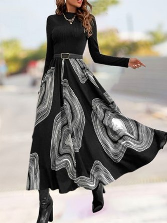 Women Abstract Long Sleeve Comfy Boho Split Joint Maxi Dress