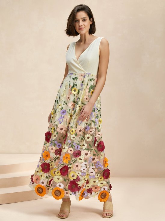Women Floral V Neck Sleeveless Comfy Casual Maxi Dress