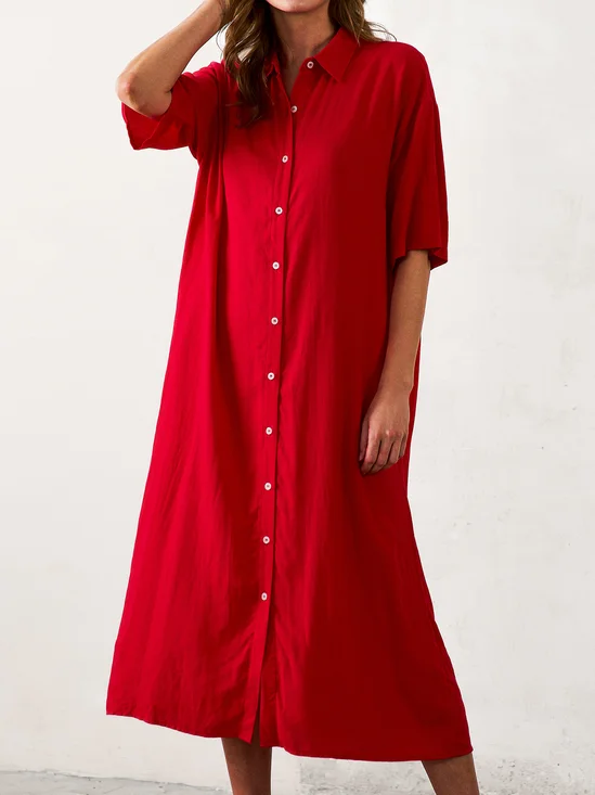 Women Plain Shirt Collar Half Sleeve Comfy Casual Maxi Dress