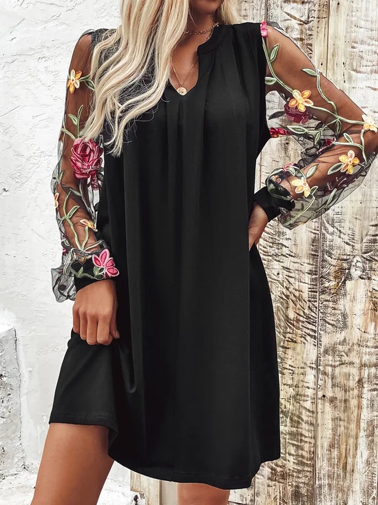 Women Floral V Neck Long Sleeve Comfy Casual Mesh Mini Dress