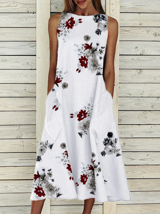 Floral Printed Sleeveless Cotton Blend Shift White Casual Dress