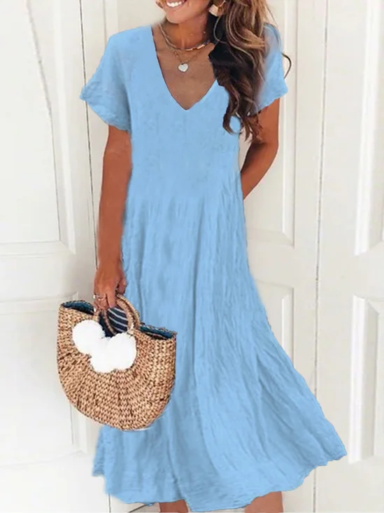 New Women Chic Vintage Boho Hippie Short Sleeve V Neck Plain Casual Dress