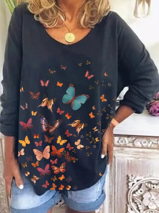 Black Butterfly Printed Shift Long Sleeve Casual Tops