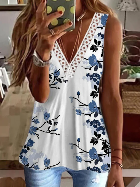 Casual Floral Sleeveless V Neck Printed Tank Top Vests
