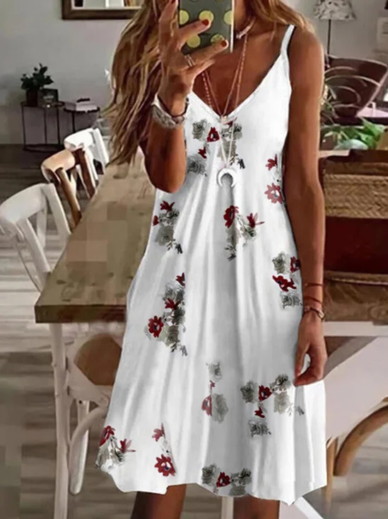 V-neck loose pineapple floral print suspender Dress Loose Dress