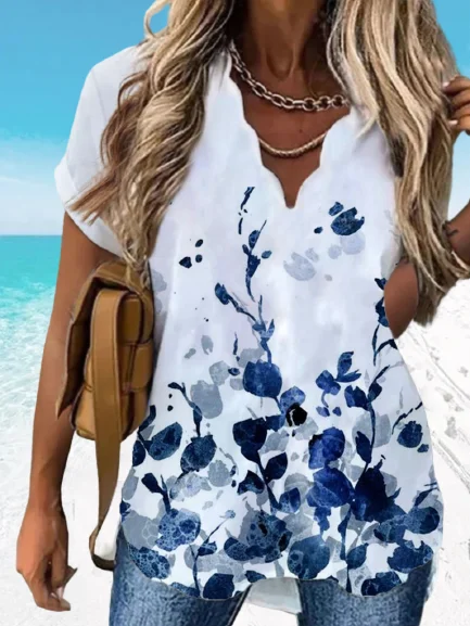 Loose Casual Floral Printed Short Sleeve Tunic Blouse