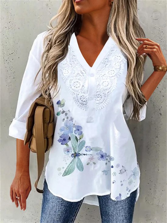 Dragonfly Printed V Neck Loose Long Sleeve Tunic Blouse
