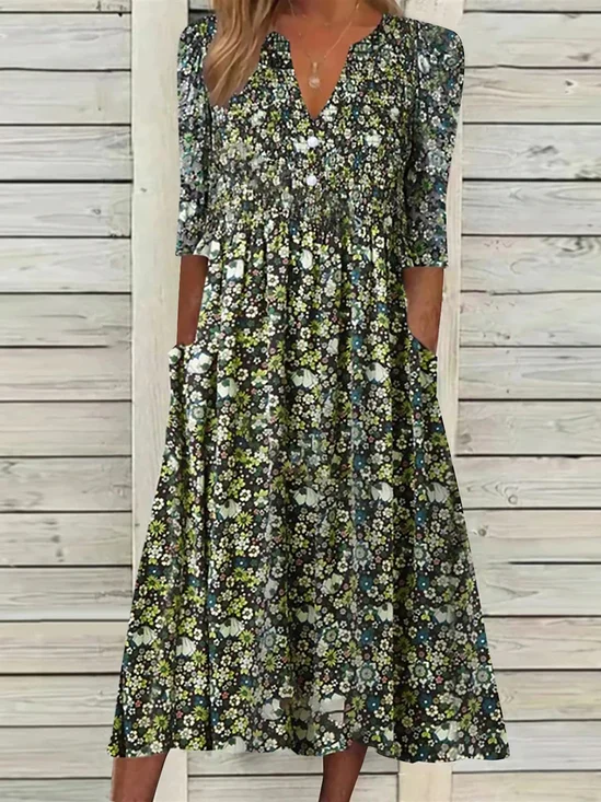 Casual Short Sleeve Woven V Neck Floral Midi Dress