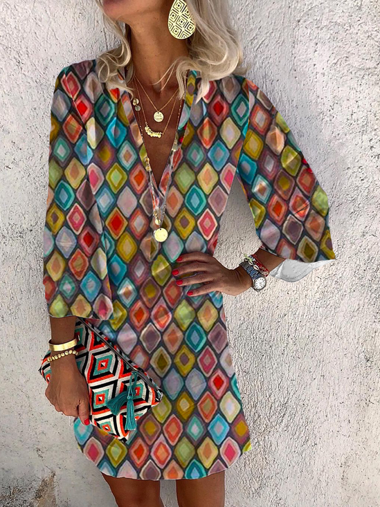 Women's Casual Boho Geometric Printed long sleeve Dress