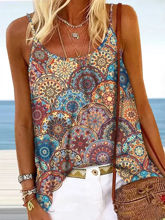 Geometric Tribal Floral Printed Vacation Boho Casual Loose Spaghetti Tank & Cami