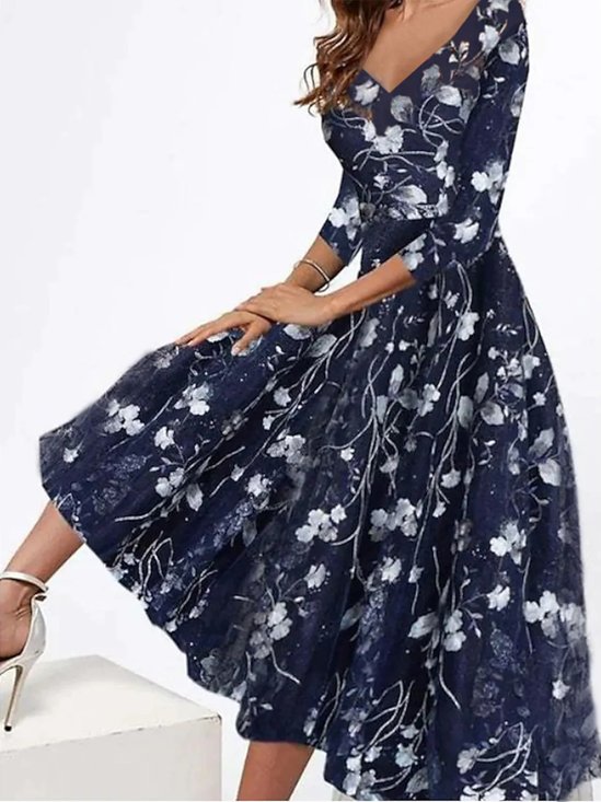 Women Floral Pattern V Neck Three Quarter Sleeve Comfy Vacation Maxi Dress
