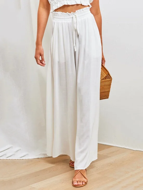 Women Plain Casual Wide Leg Shirred Waist Pants