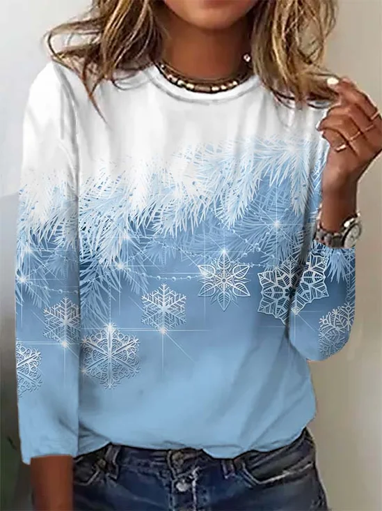 Casual Christmas Snowflake Print Long Sleeve T-Shirt