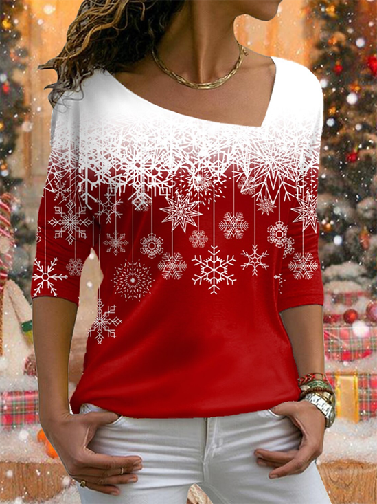 Casual Christmas Snowflake Print H-Line T-Shirt
