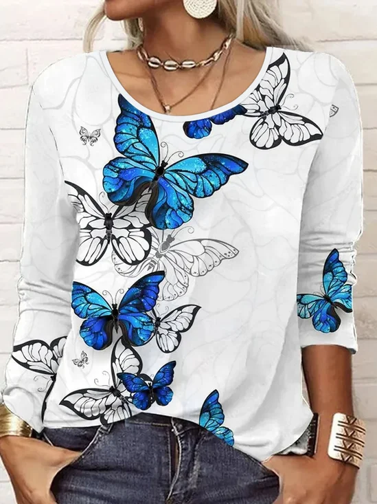 Casual Crew Neck Butterfly Printed T-Shirt 2023