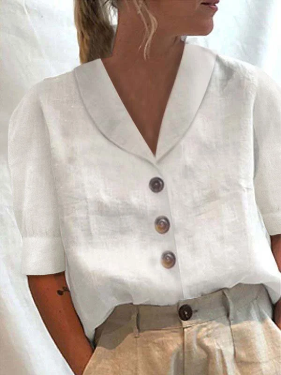 Shawl Collar Short Sleeve Contrast Stitching Buttoned Regular Loose TUNIC Blouse For Women