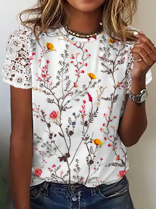 Lace Crew Neck Floral Casual Top