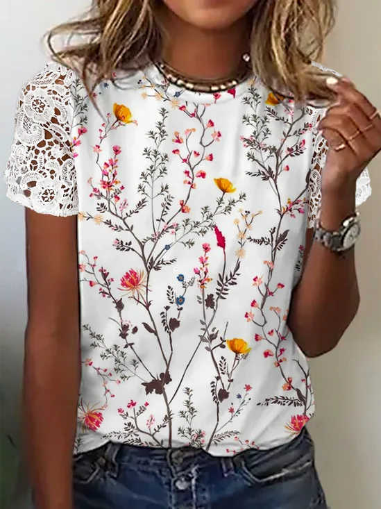 Lace Crew Neck Floral Casual Top