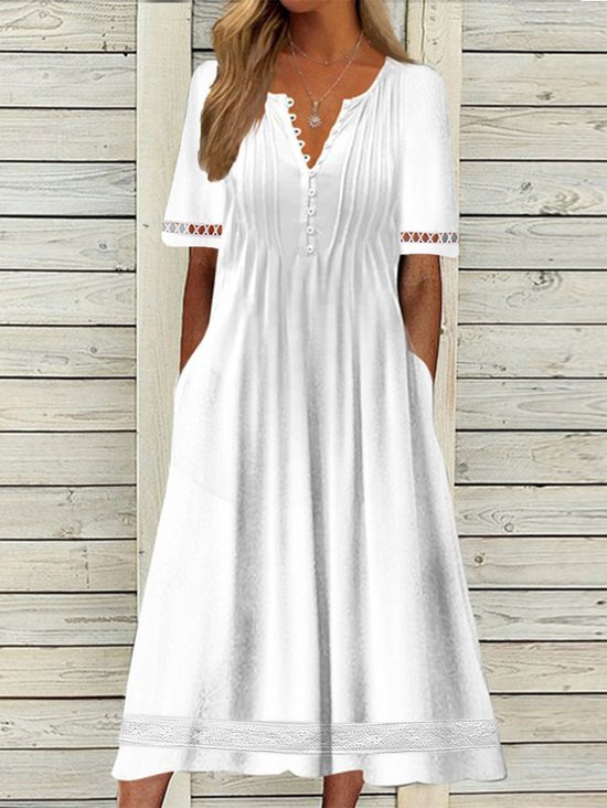 V Neck Plain Short Sleeve Buckle Hollow Out Lace Casual Dress