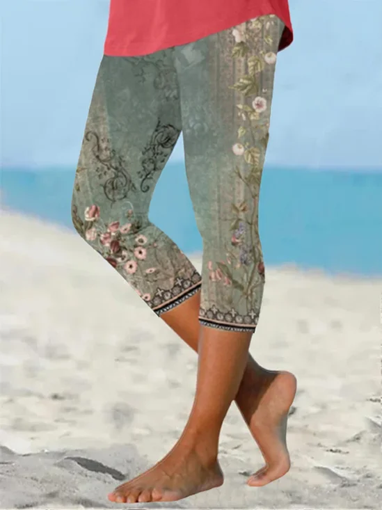 Casual Flower Print Capri Leggings