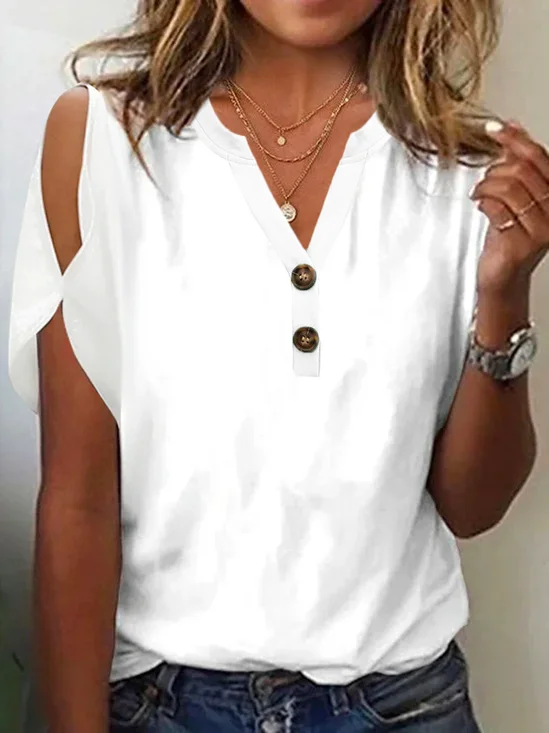 Cold Shoulder Plain Notched Casual Blouse
