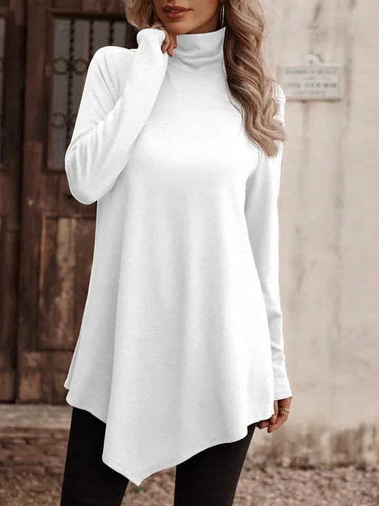 Casual Plain Turtleneck Long Sleeve Loose Daily Basic T-shirt