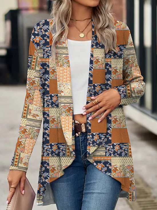 Wrap Long Sleeve Floral Regular Micro-Elasticity Loose Kimono For Women