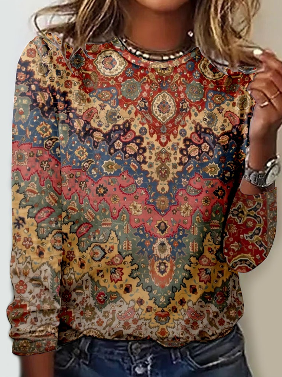 Crew Neck Long Sleeve Ombre Regular Micro-Elasticity Regular Fit Blouse For Women