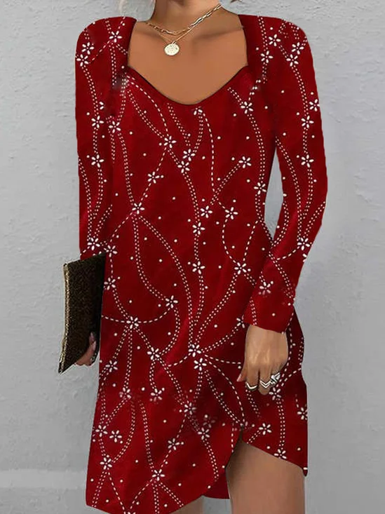Women Floral Sweetheart Neckline Long Sleeve Comfy Casual Midi Dress