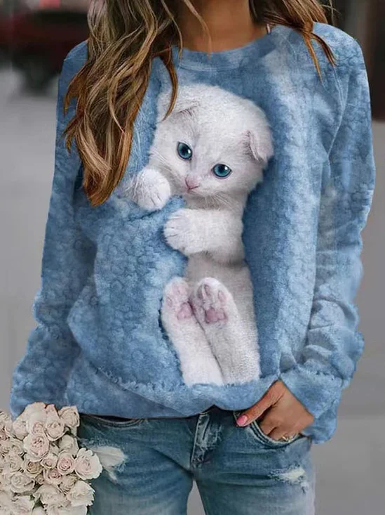 Casual Crew Neck Cat Sweatshirt