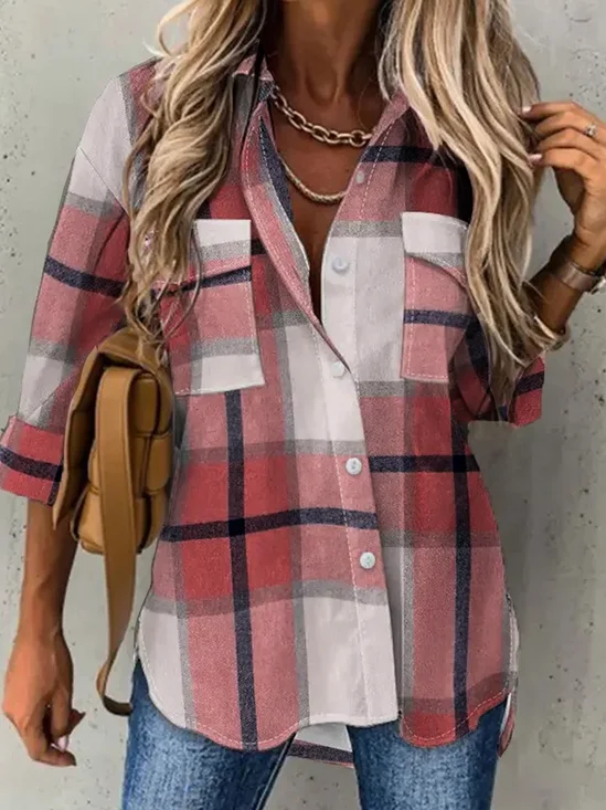 Shirt Collar Long Sleeve Plaid Regular Loose Blouse For Women