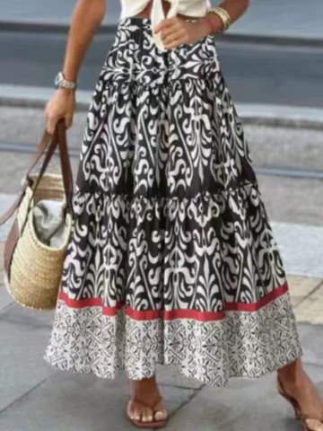 Boho Ethnic H-Line Natural Flouncing Maxi Skirt