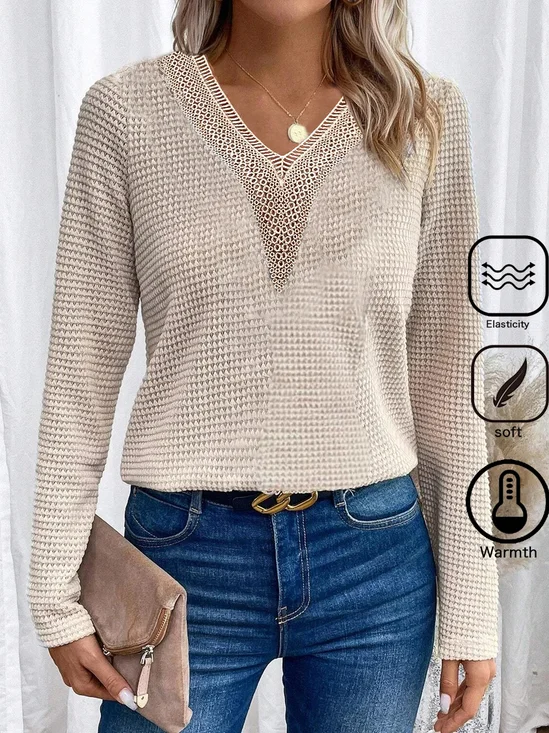 V Neck Long Sleeve Plain Lace Regular Micro-Elasticity Loose Shirt For Women