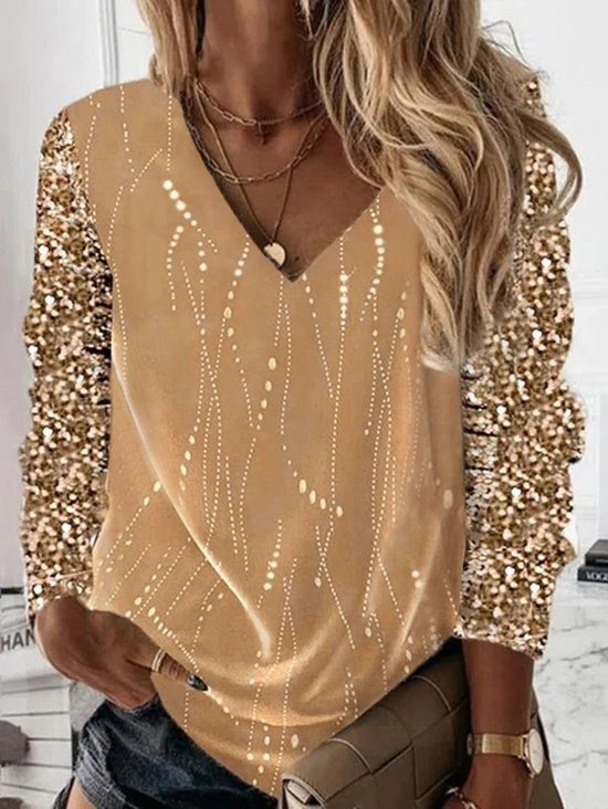 V Neck Long Sleeve Plain Glitter Regular Micro-Elasticity Loose Shirt For Women