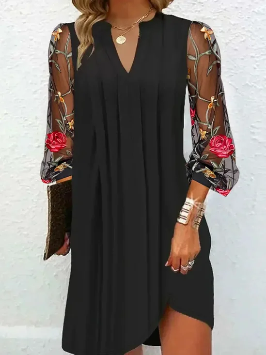Women Floral V Neck Long Sleeve Comfy Casual Mesh Short Dress