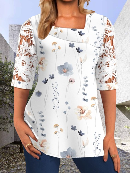 Women Cotton Asymmetrical Short Sleeve Floral Lace Regular Loose Shirt