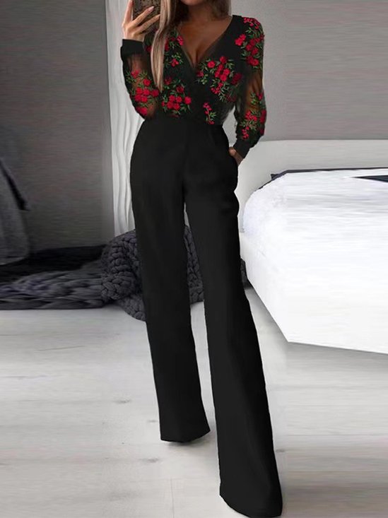 Women Long Sleeve V Neck Regular Fit Long Mesh Party Casual Floral Jumpsuits