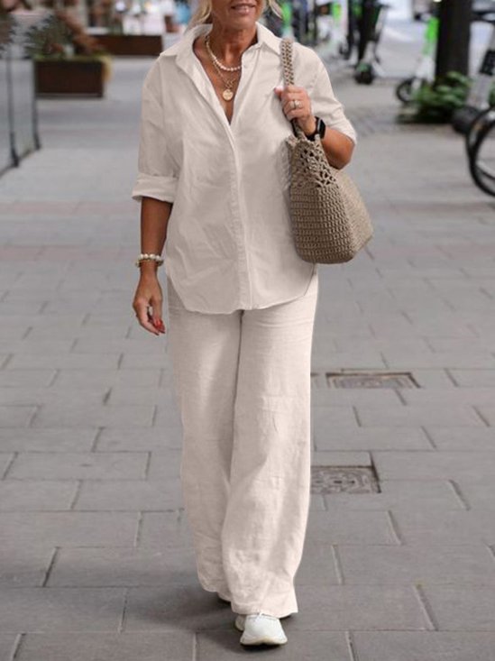 Women Plain Shirt Collar Short Sleeve Comfy Casual Top With Pants Two-Piece Set