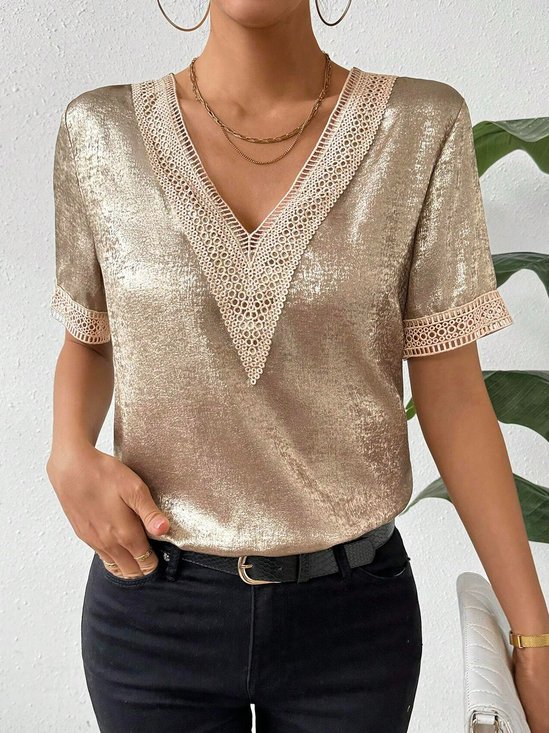 V Neck Short Sleeve Plain Glitter Regular Loose Shirt For Women