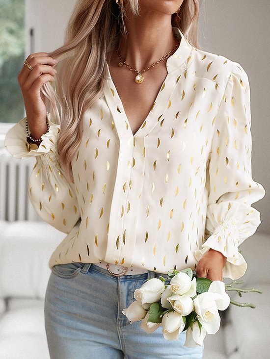 V Neck Long Sleeve Geometric Regular Loose Shirt For Women