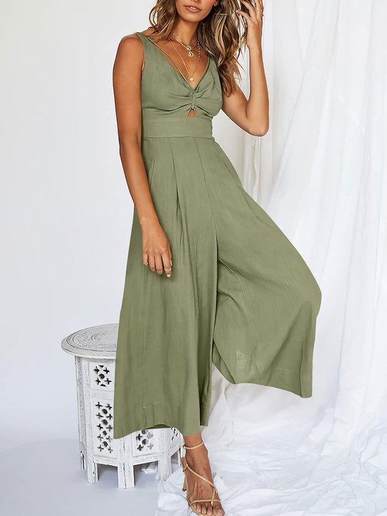 Women Sleeveless V Neck Loose Long Daily Casual Plain Natural Jumpsuit