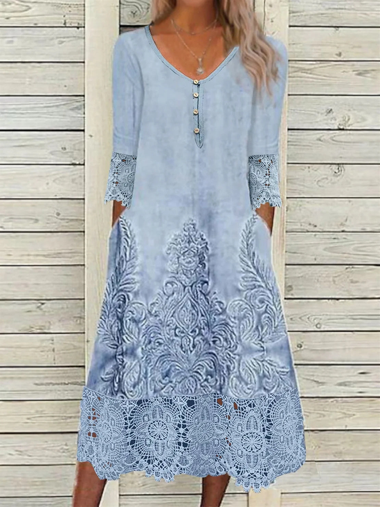 Women Floral V Neck Three Quarter Sleeve Comfy Casual Lace Midi Dress
