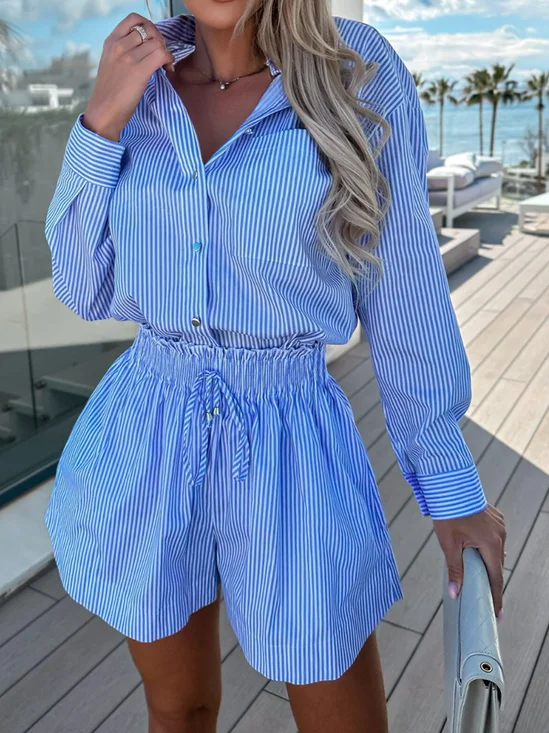 Women Striped Shirt Collar Long Sleeve Comfy Casual Top With Pants Two-Piece Set