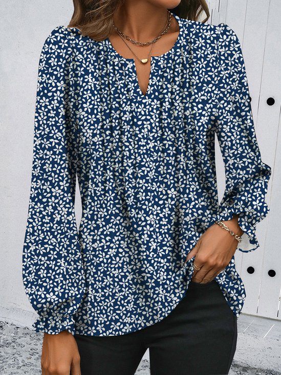 Notched Long Sleeve Floral Regular Loose Shirt For Women