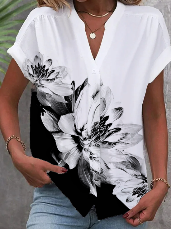 Shirt Collar Short Sleeve Floral Regular Loose Blouse For Women